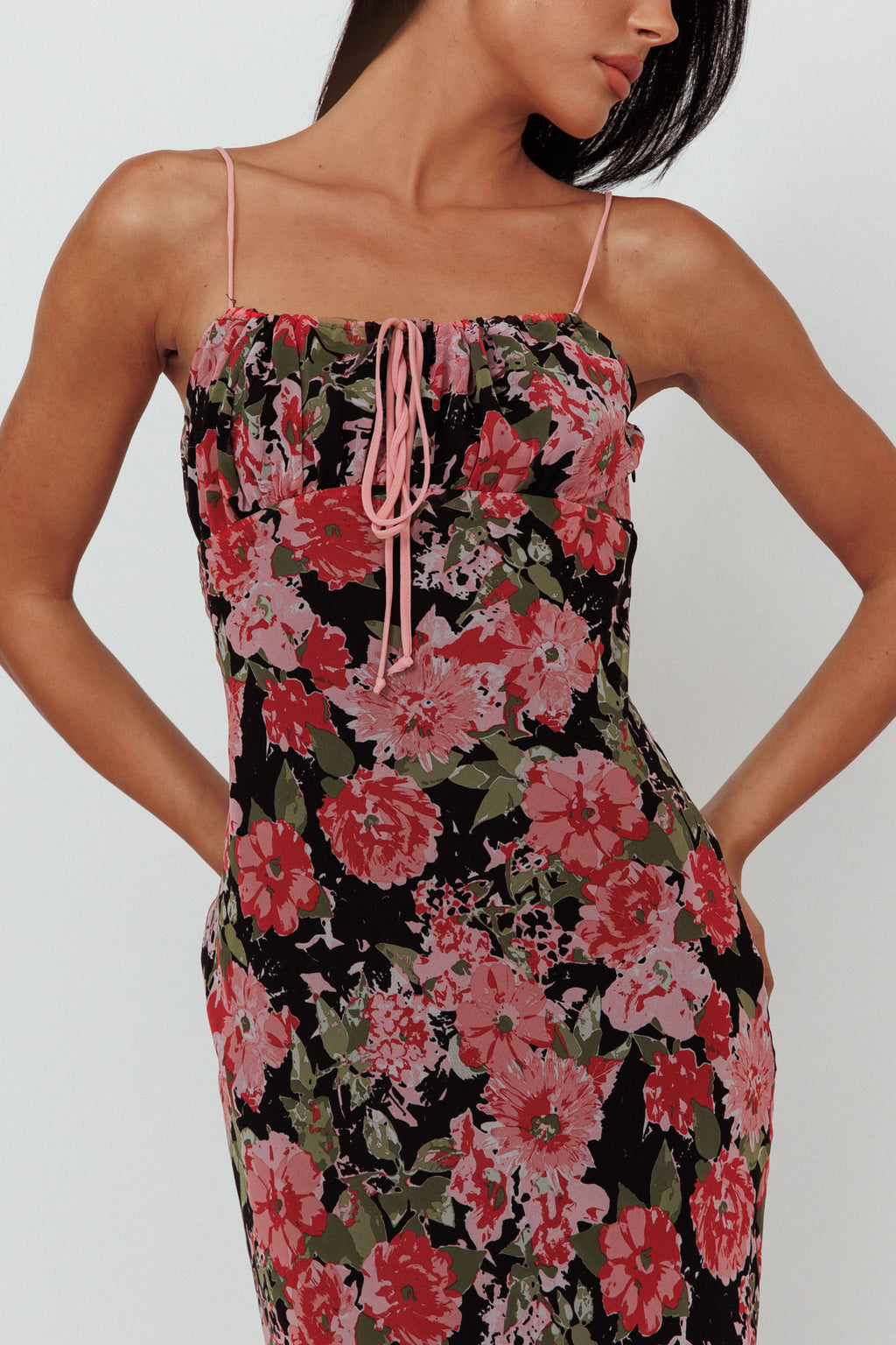 Essence String Tie Bust Maxi Dress Floral Black by Selfie Leslie