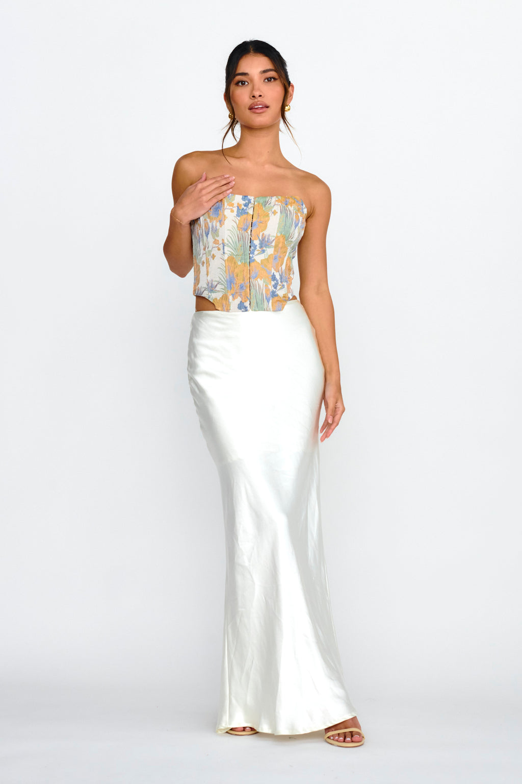 First Date Feels Corset Crop Top Floral Tan by Selfie Leslie