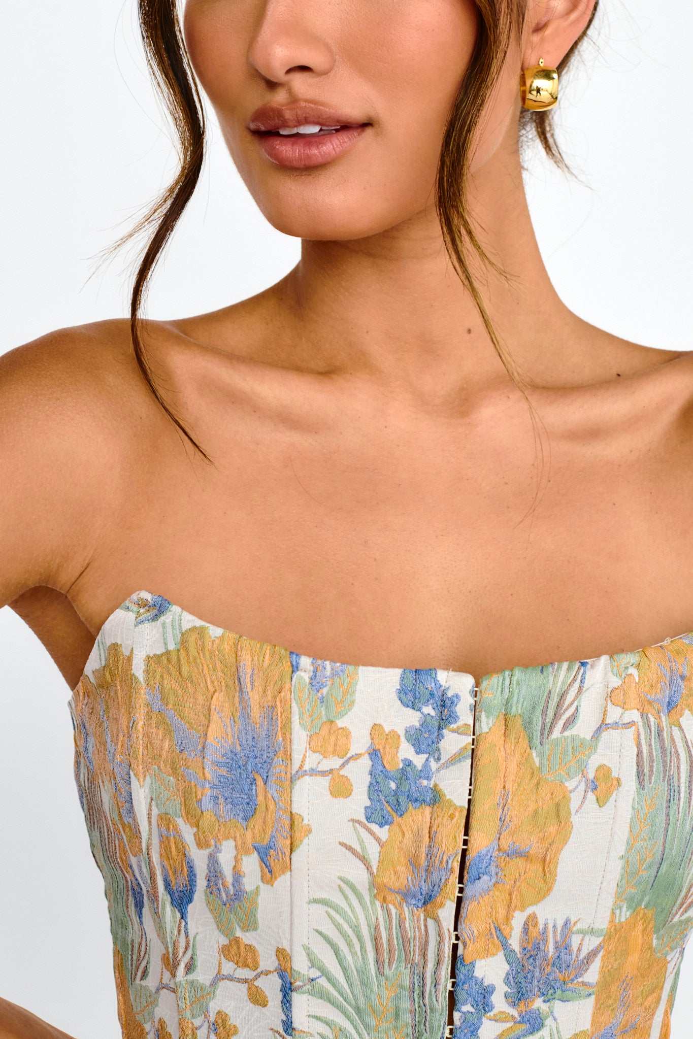 First Date Feels Corset Crop Top Floral Tan by Selfie Leslie