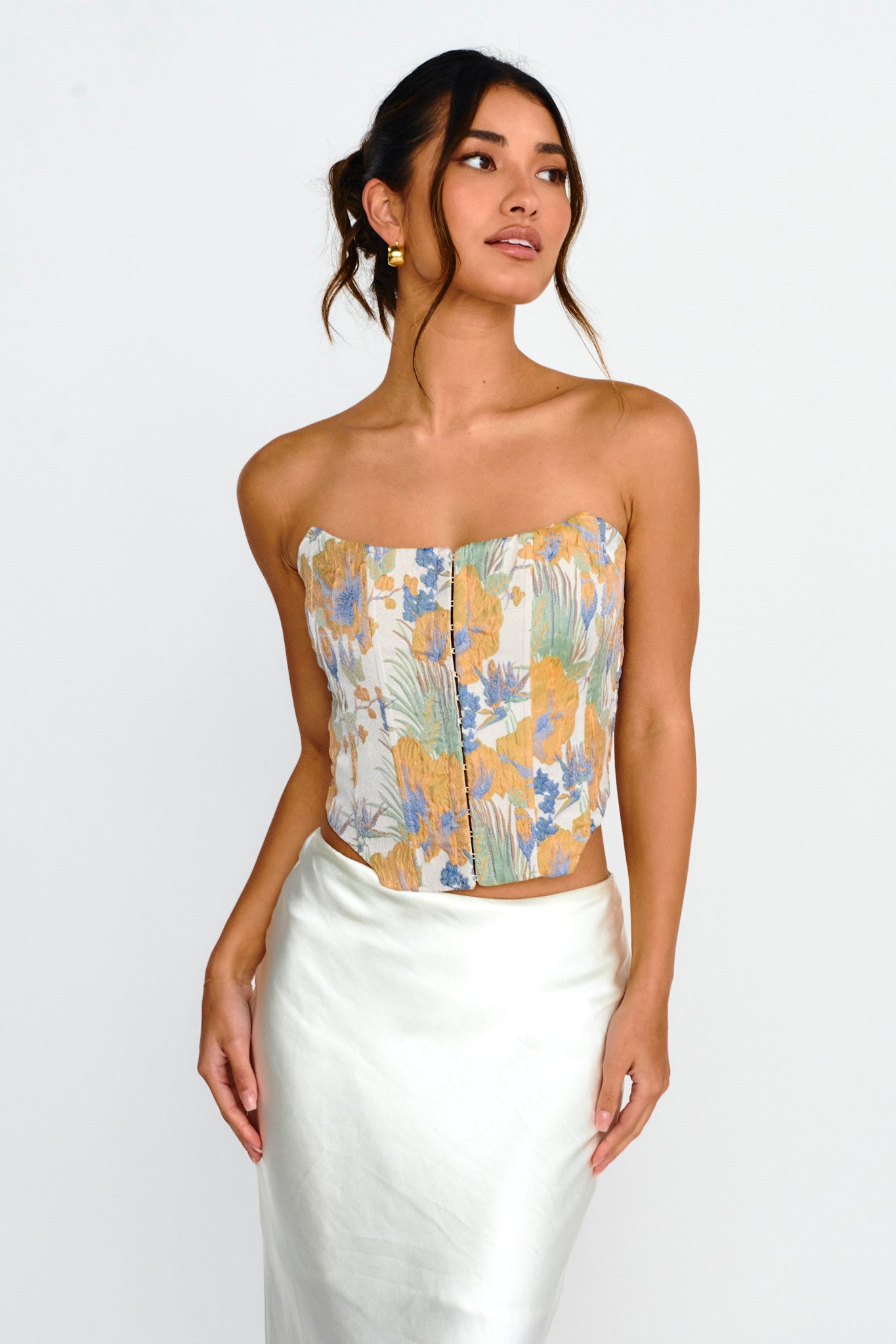 First Date Feels Corset Crop Top Floral Tan by Selfie Leslie