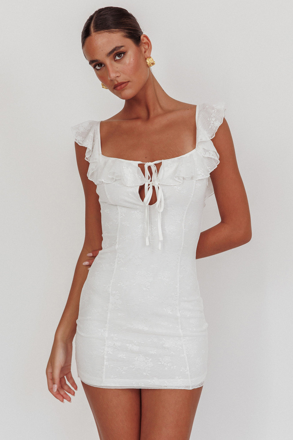Sweet Saturday Tied Bust Ruffle Mini Dress White by Selfie Leslie