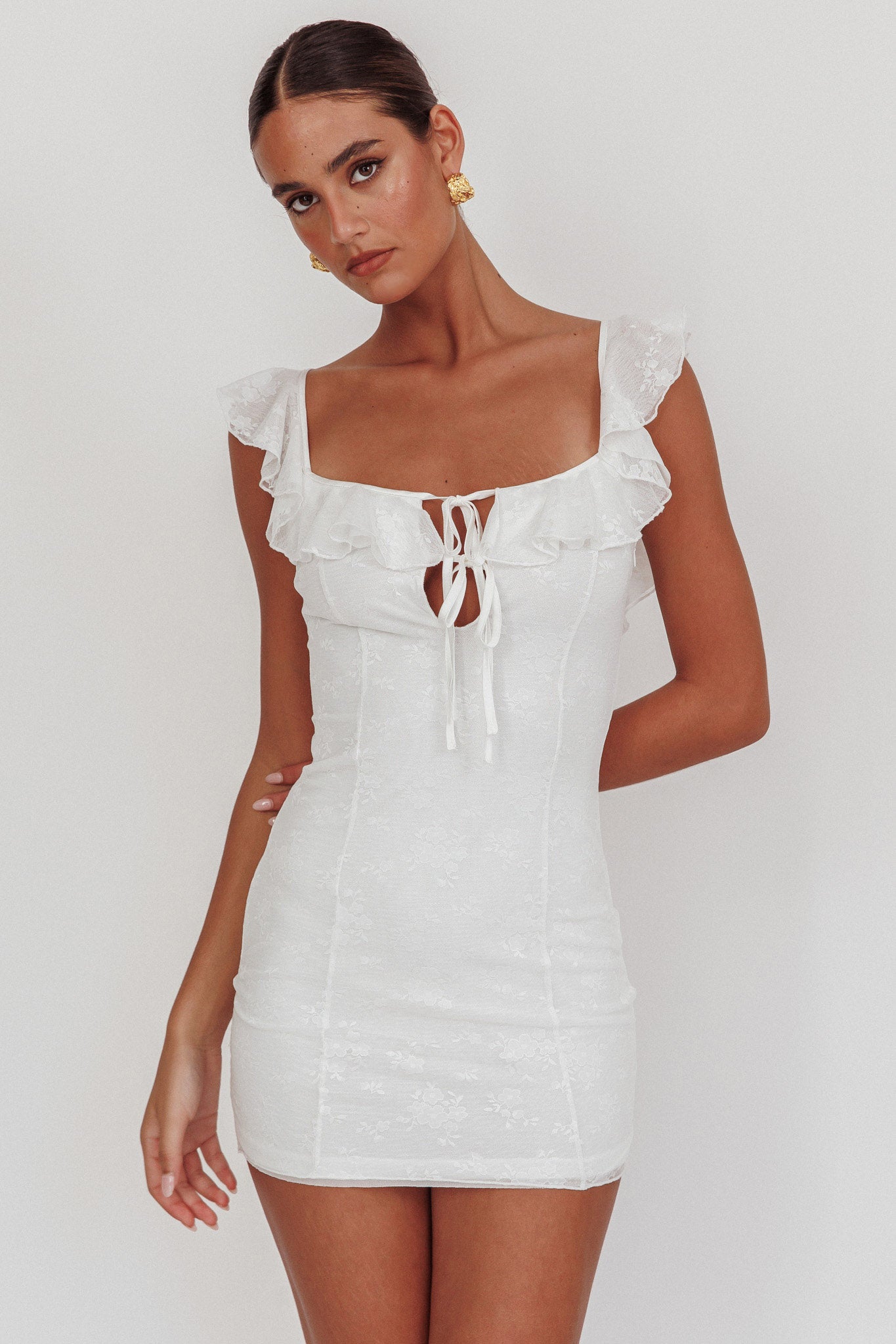 Sweet Saturday Tied Bust Ruffle Mini Dress White by Selfie Leslie