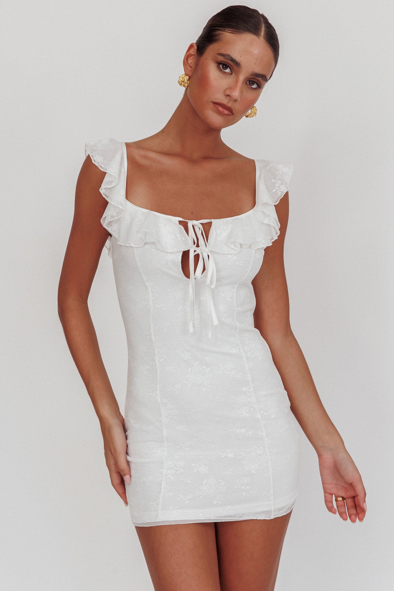 Sweet Saturday Tied Bust Ruffle Mini Dress White | Selfie Leslie
