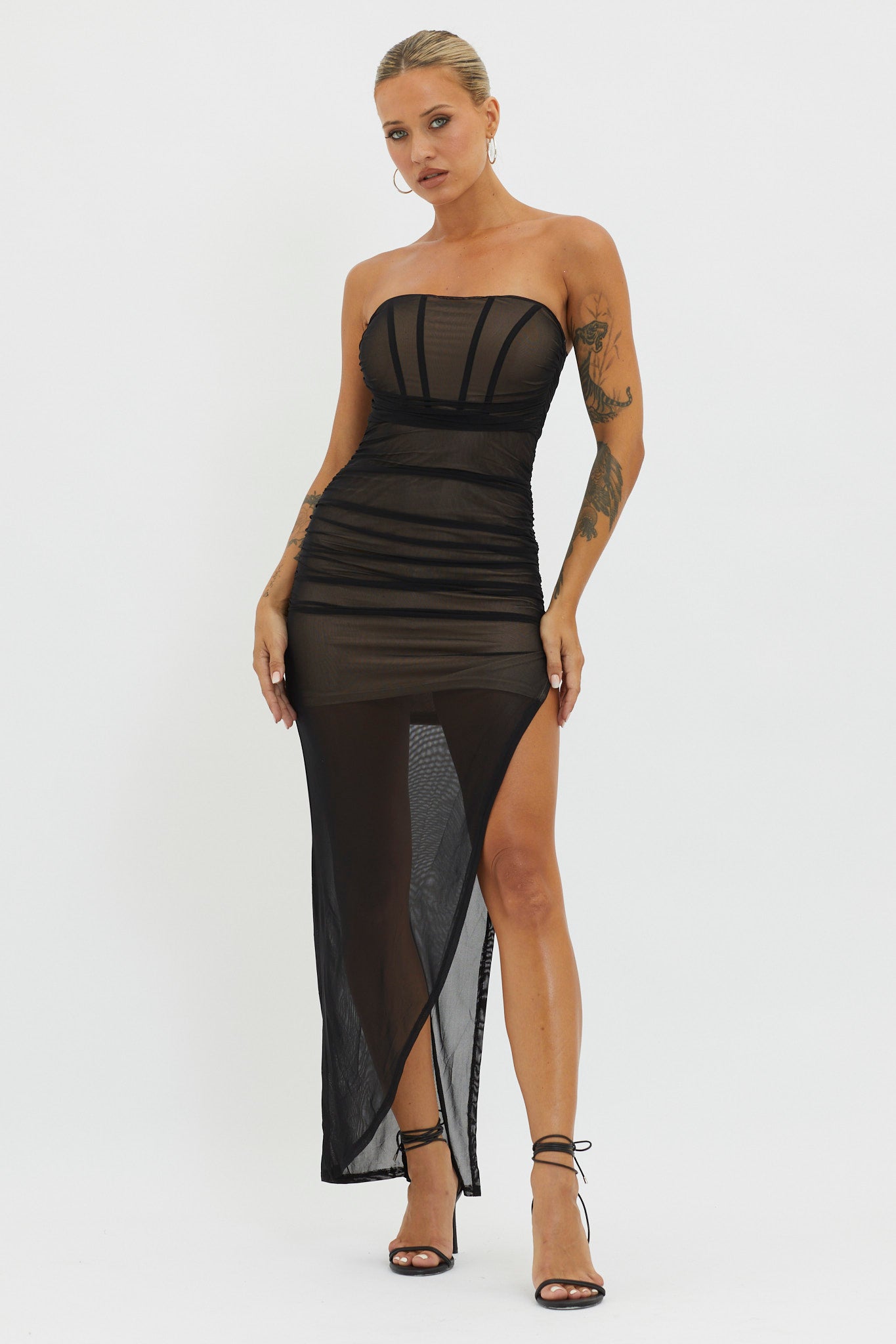 LA Nights Strapless Sheer Midi Dress Black/Nude LA Nights Strapless Sheer Midi Dress Black/Nude