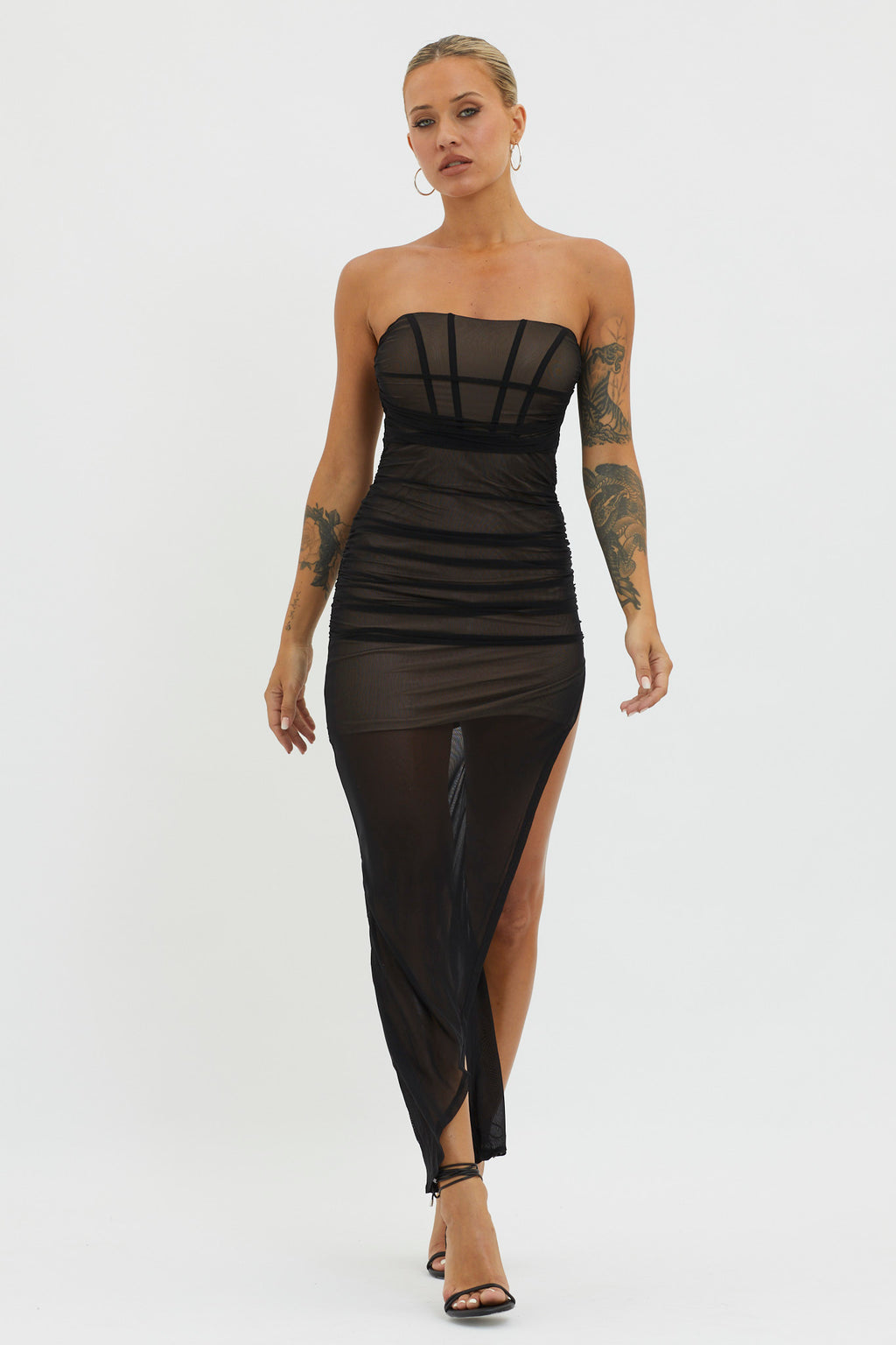 LA Nights Strapless Sheer Midi Dress Black/Nude by Selfie Leslie