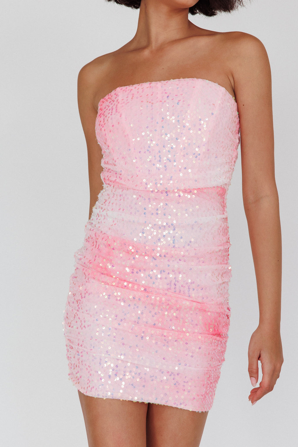 Calen Ruched Sequin Mini Dress Pink by Selfie Leslie