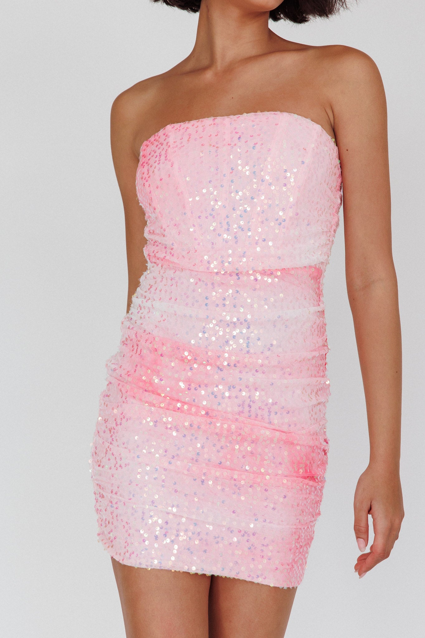 Calen Ruched Sequin Mini Dress Pink by Selfie Leslie