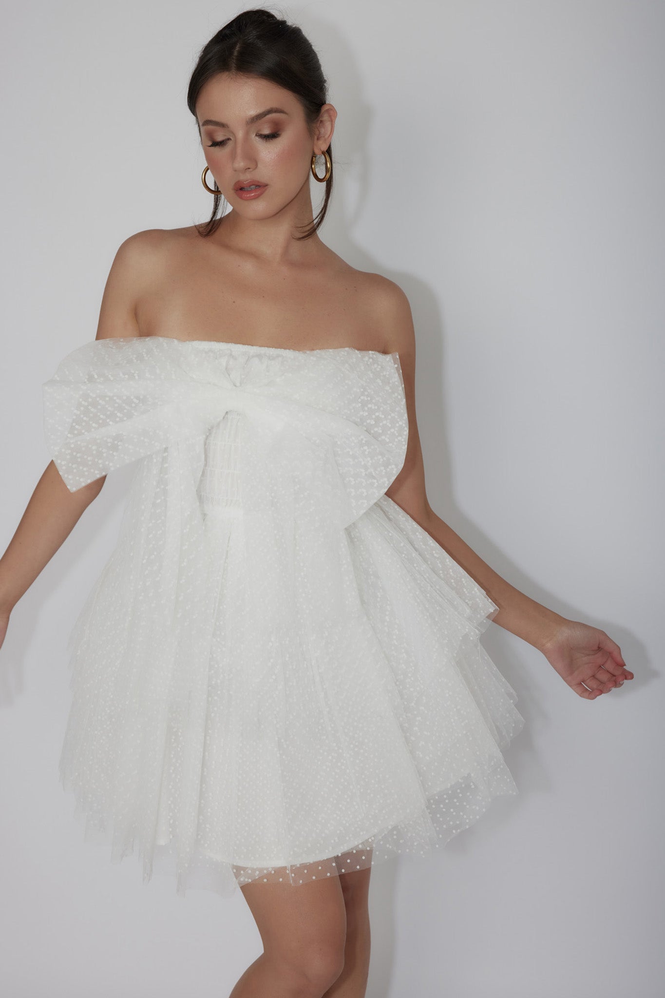 Deana Bow Bust Strapless Mini Dress Spotty White by Selfie Leslie