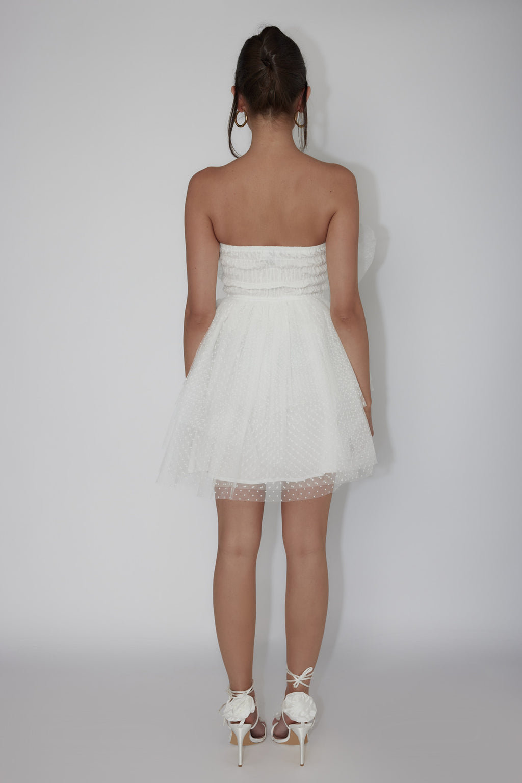 Deana Bow Bust Strapless Mini Dress Spotty White by Selfie Leslie