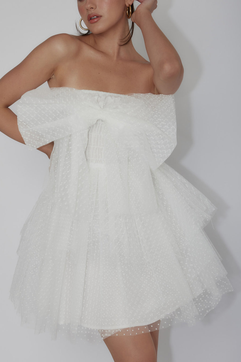 Deana Bow Bust Strapless Mini Dress Spotty White by Selfie Leslie