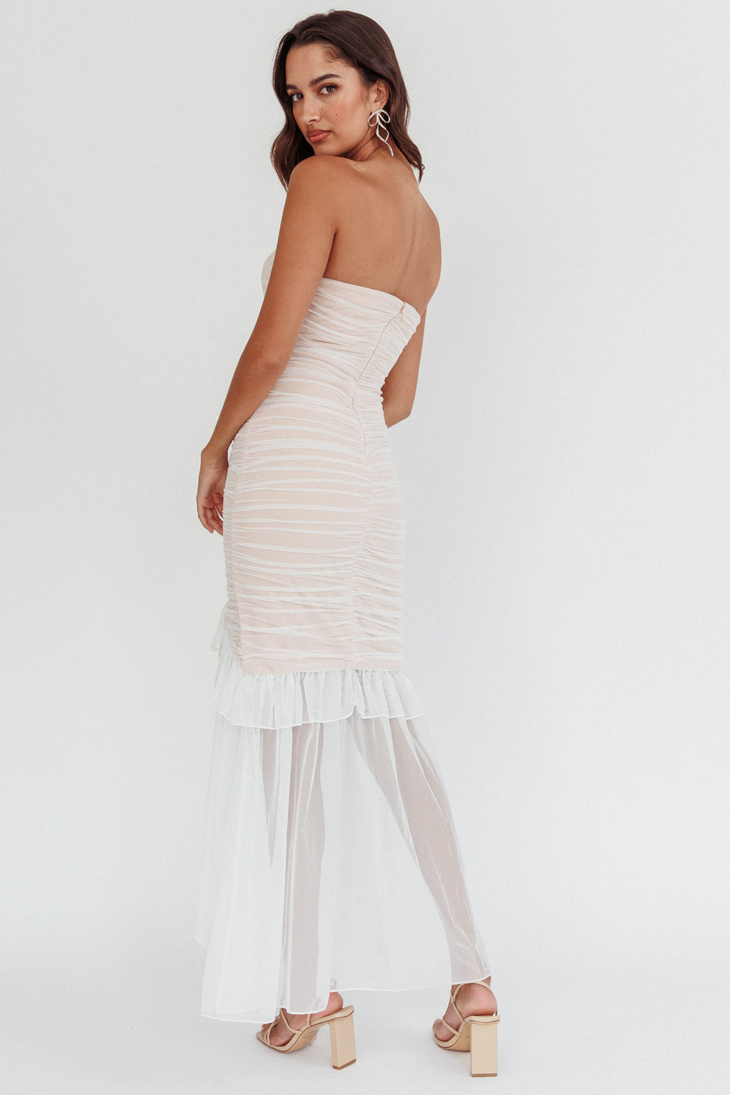 Mesmerize Strapless High-Low Hem Mesh Dress White by Selfie Leslie