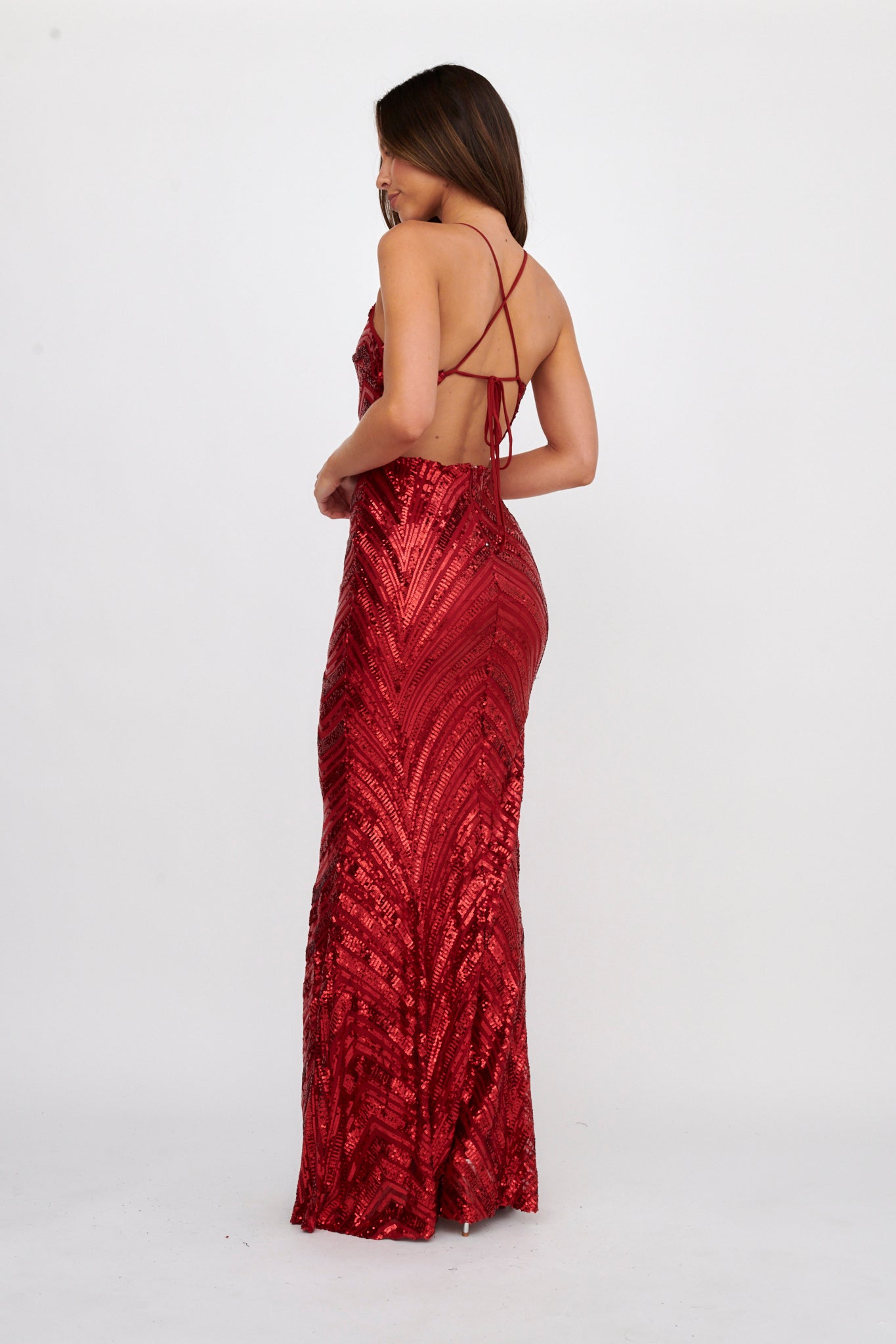 Dalila Open Tied Back Sequin Maxi Dress Red | Selfie Leslie