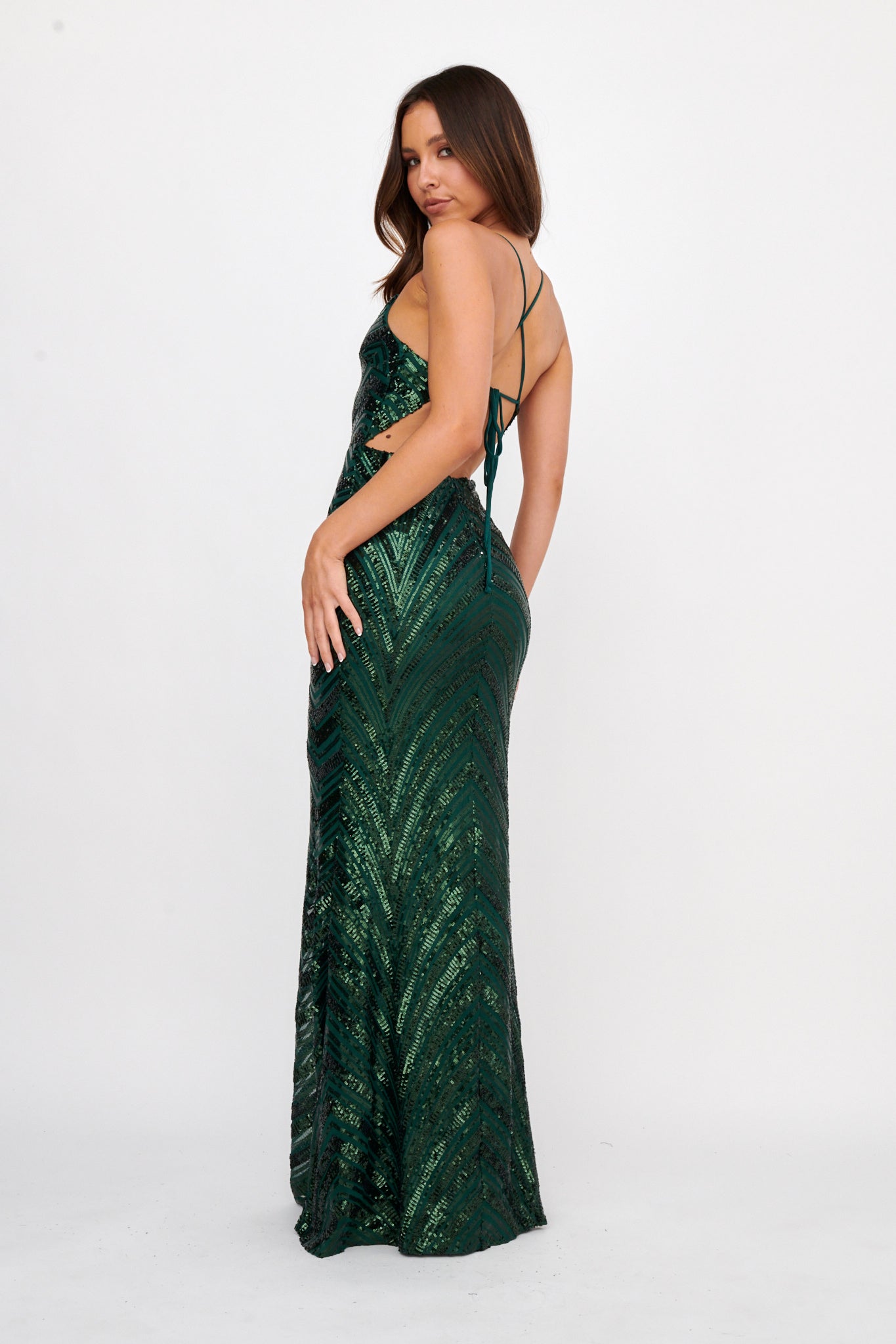 Dalila Open Tied Back Sequin Maxi Dress Hunter by Selfie Leslie