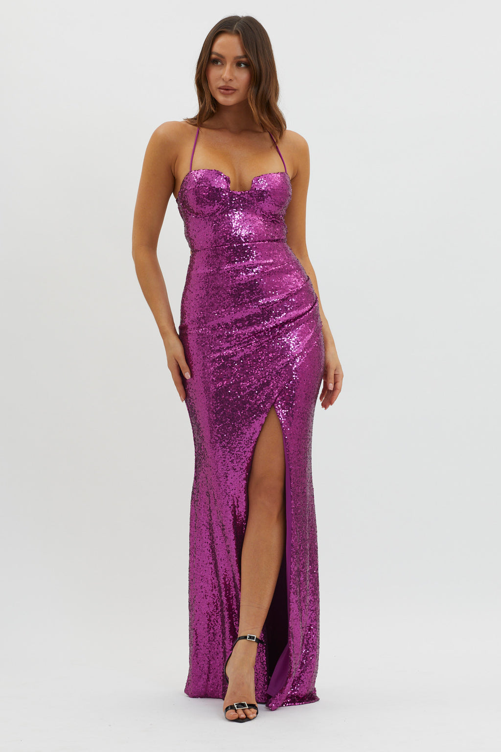 Starry Eyes Lace-Up Back Sequin Maxi Dress Magenta by Selfie Leslie