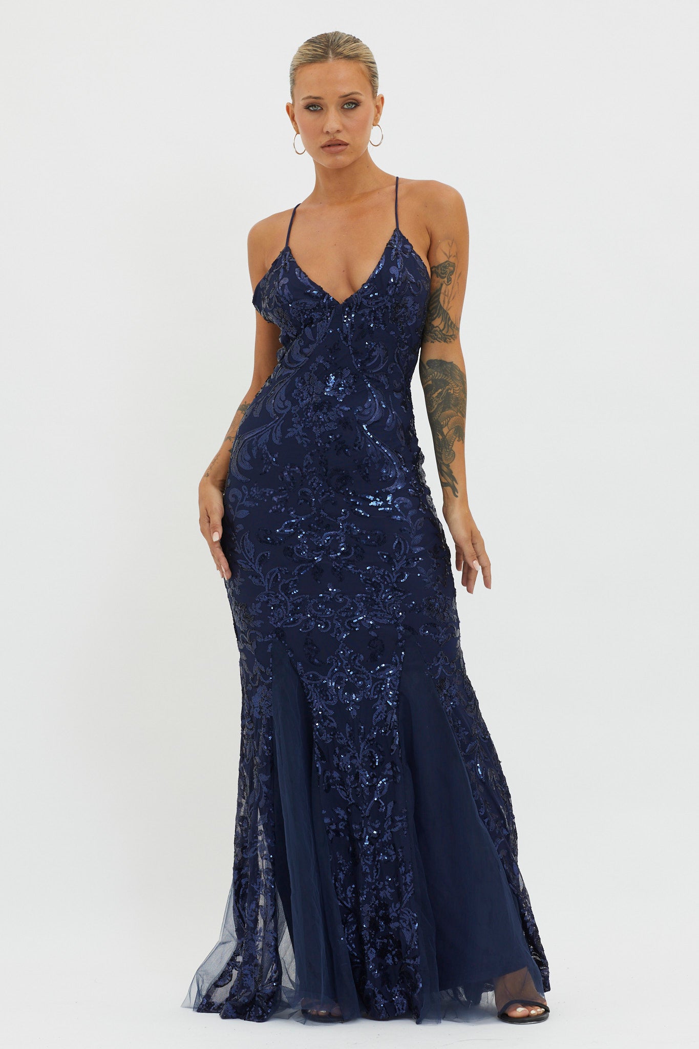 Serenade Song Godet Hem Sequin Maxi Dress Navy by Selfie Leslie