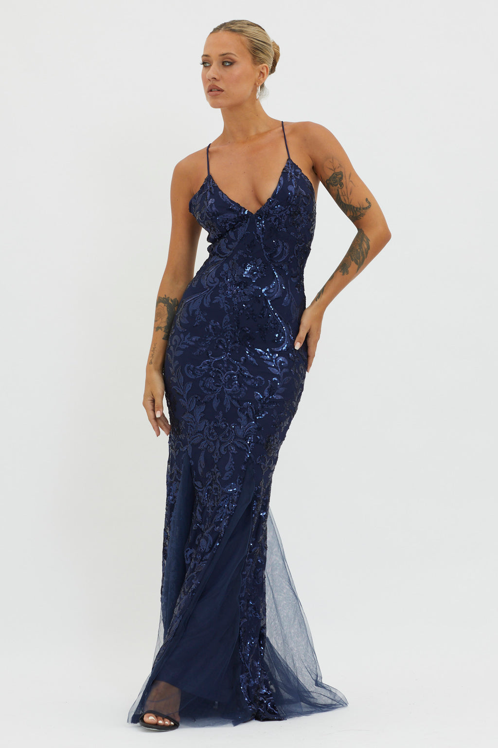 Serenade Song Godet Hem Sequin Maxi Dress Navy by Selfie Leslie