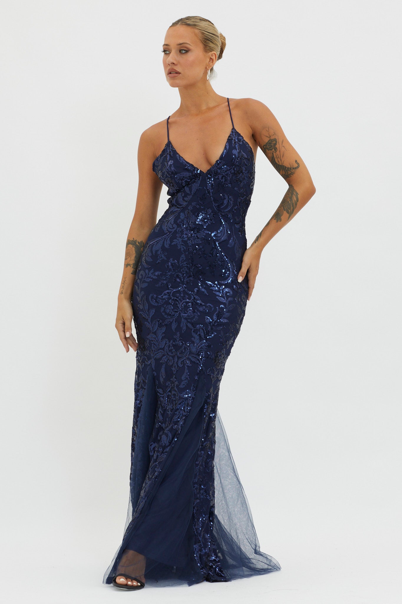 Serenade Song Godet Hem Sequin Maxi Dress Navy by Selfie Leslie