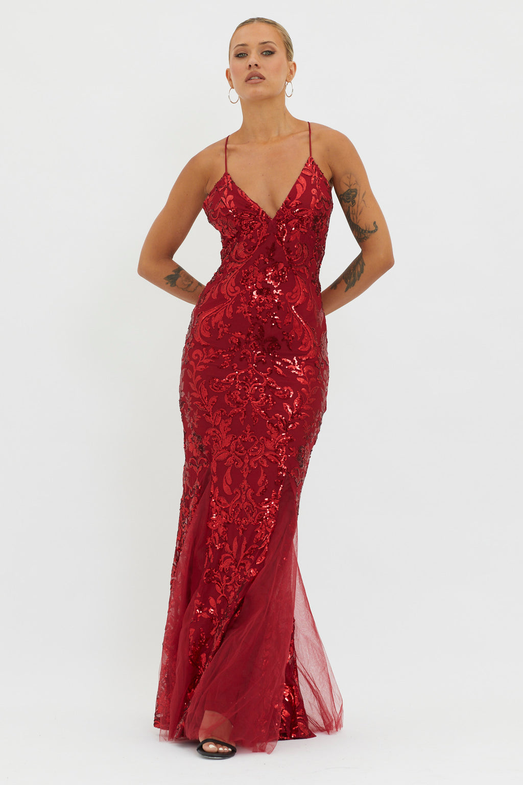 Serenade Song Godet Hem Sequin Maxi Dress Red by Selfie Leslie
