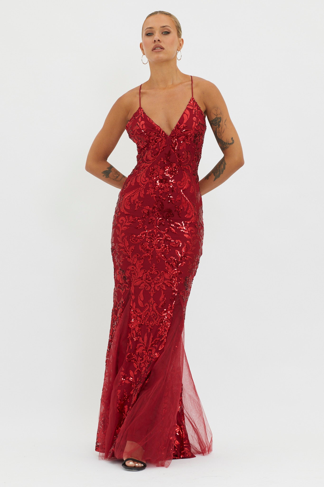 Serenade Song Godet Hem Sequin Maxi Dress Red by Selfie Leslie