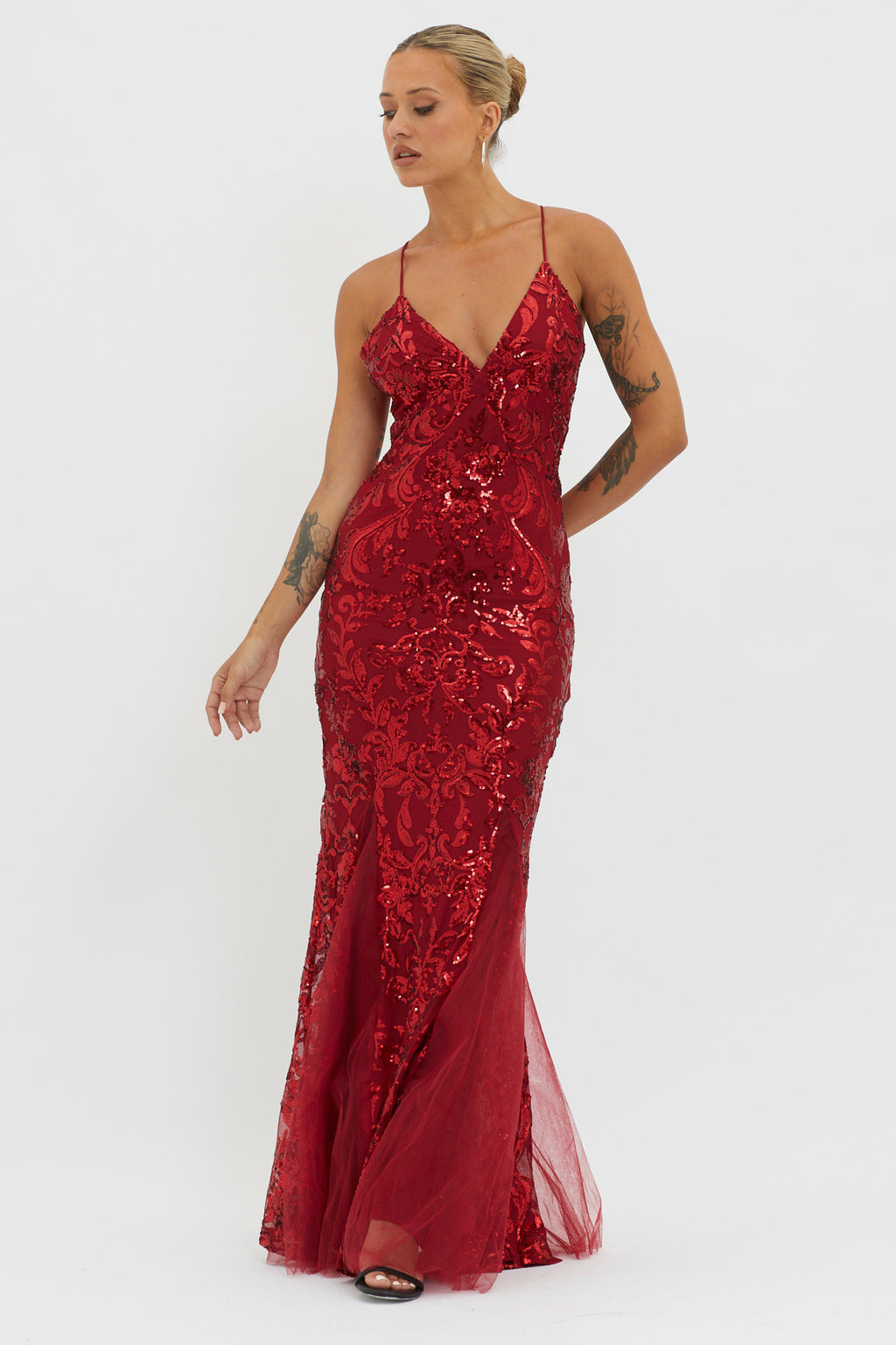 Serenade Song Godet Hem Sequin Maxi Dress Red by Selfie Leslie