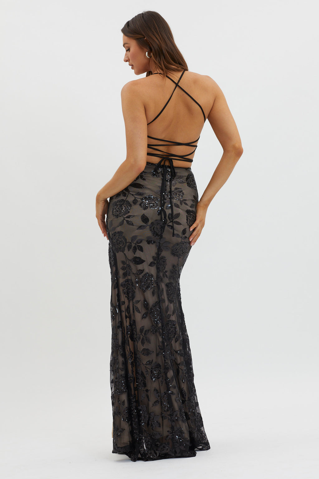 Sparks Fly Sequin Embellished Maxi Dress Black/Nude by Selfie Leslie