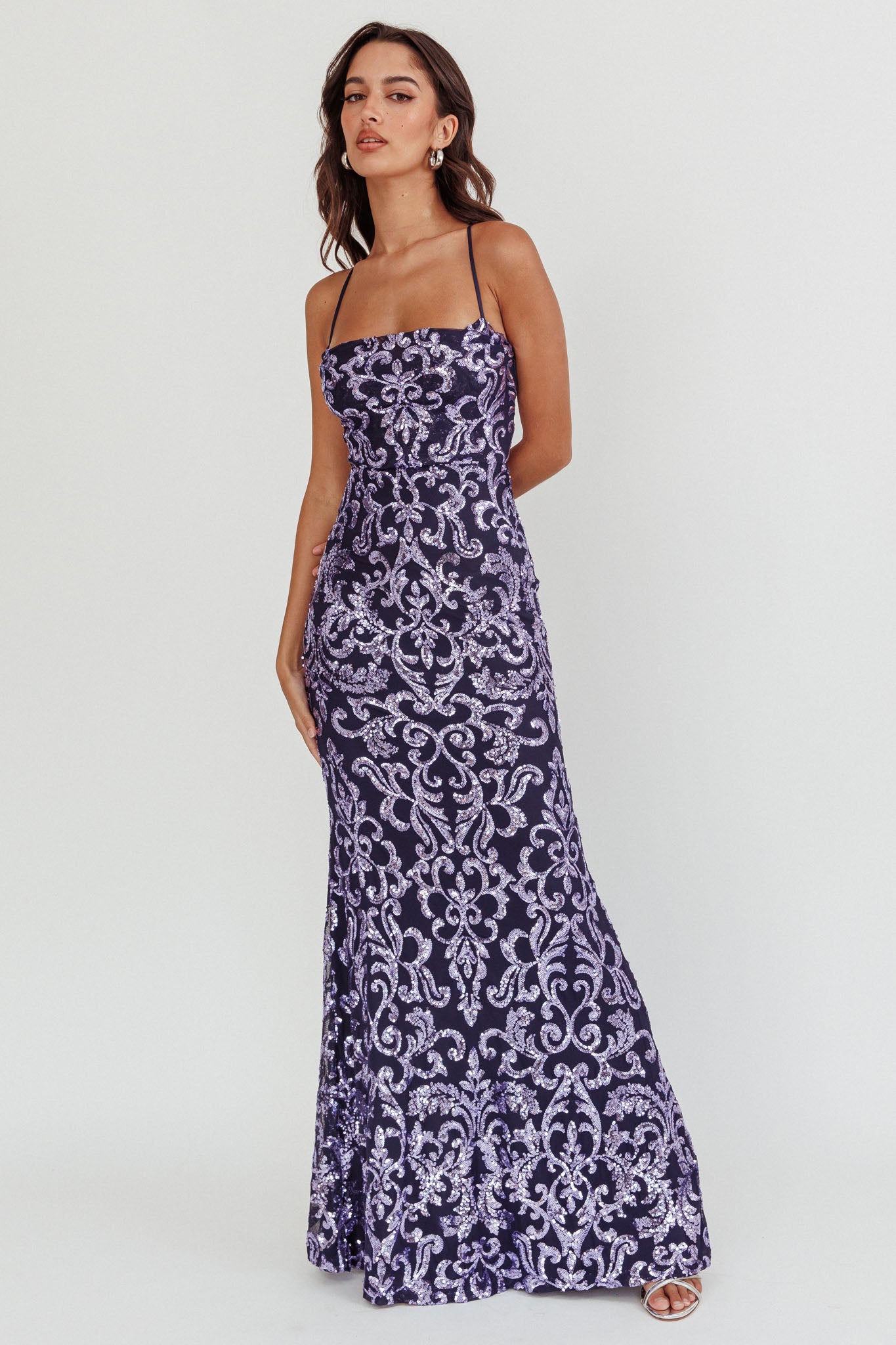 Someone New Sequin Maxi Dress Lavender/Navy by Selfie Leslie