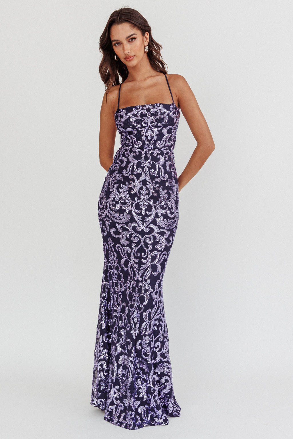 Someone New Sequin Maxi Dress Lavender/Navy by Selfie Leslie