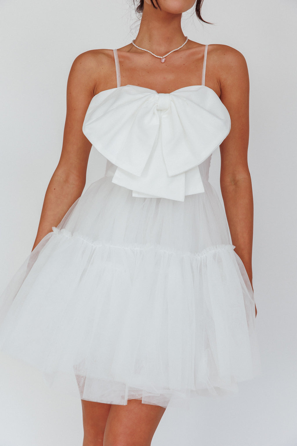 True Wish Bow Tulle Mini Dress White by Selfie Leslie