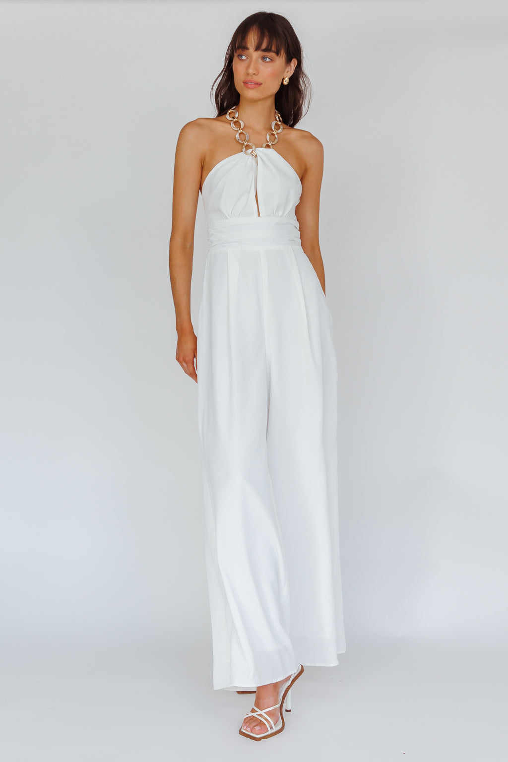 Golden Moon Chain Halter Jumpsuit White by Selfie Leslie