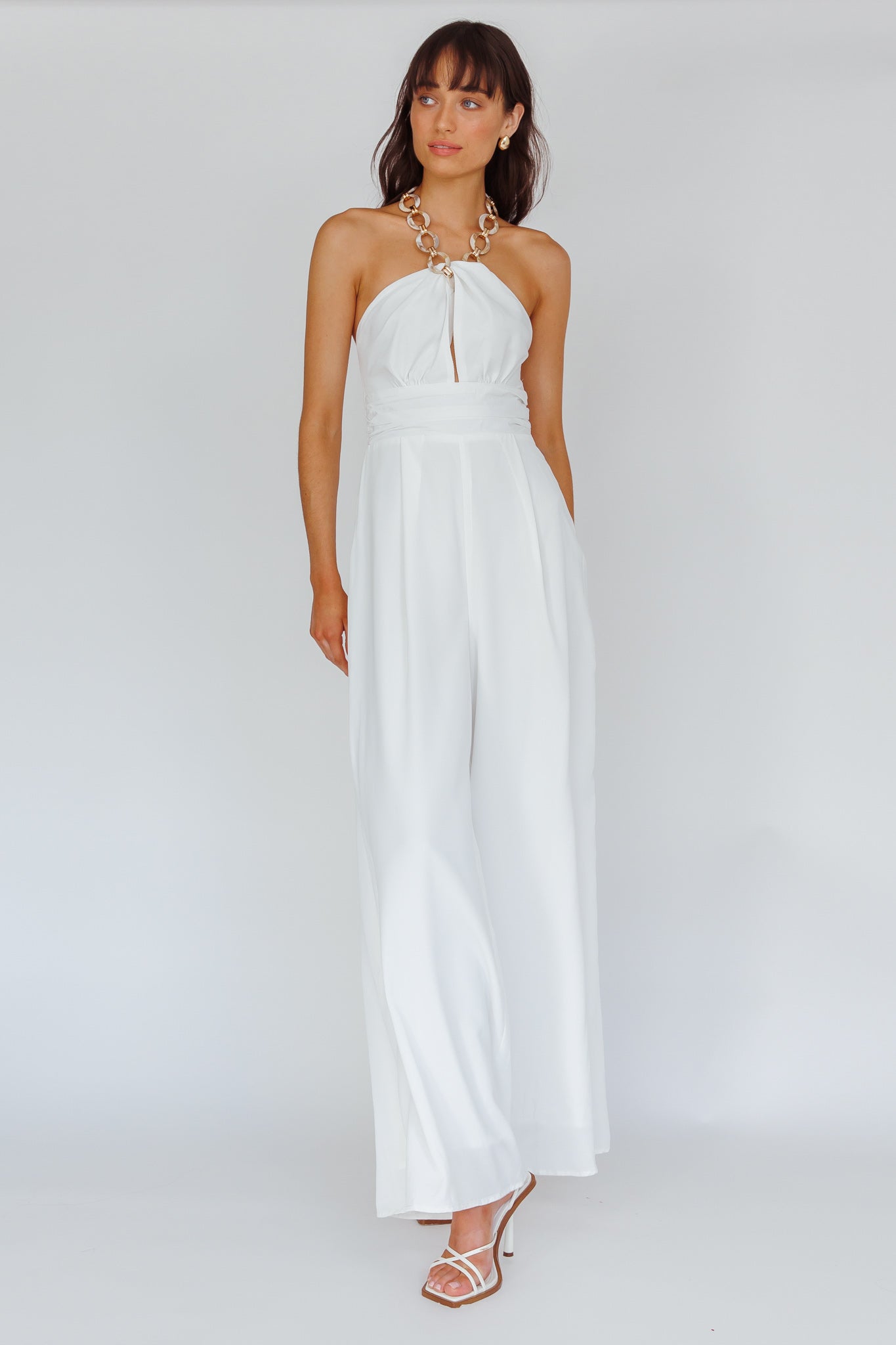 Golden Moon Chain Halter Jumpsuit White by Selfie Leslie
