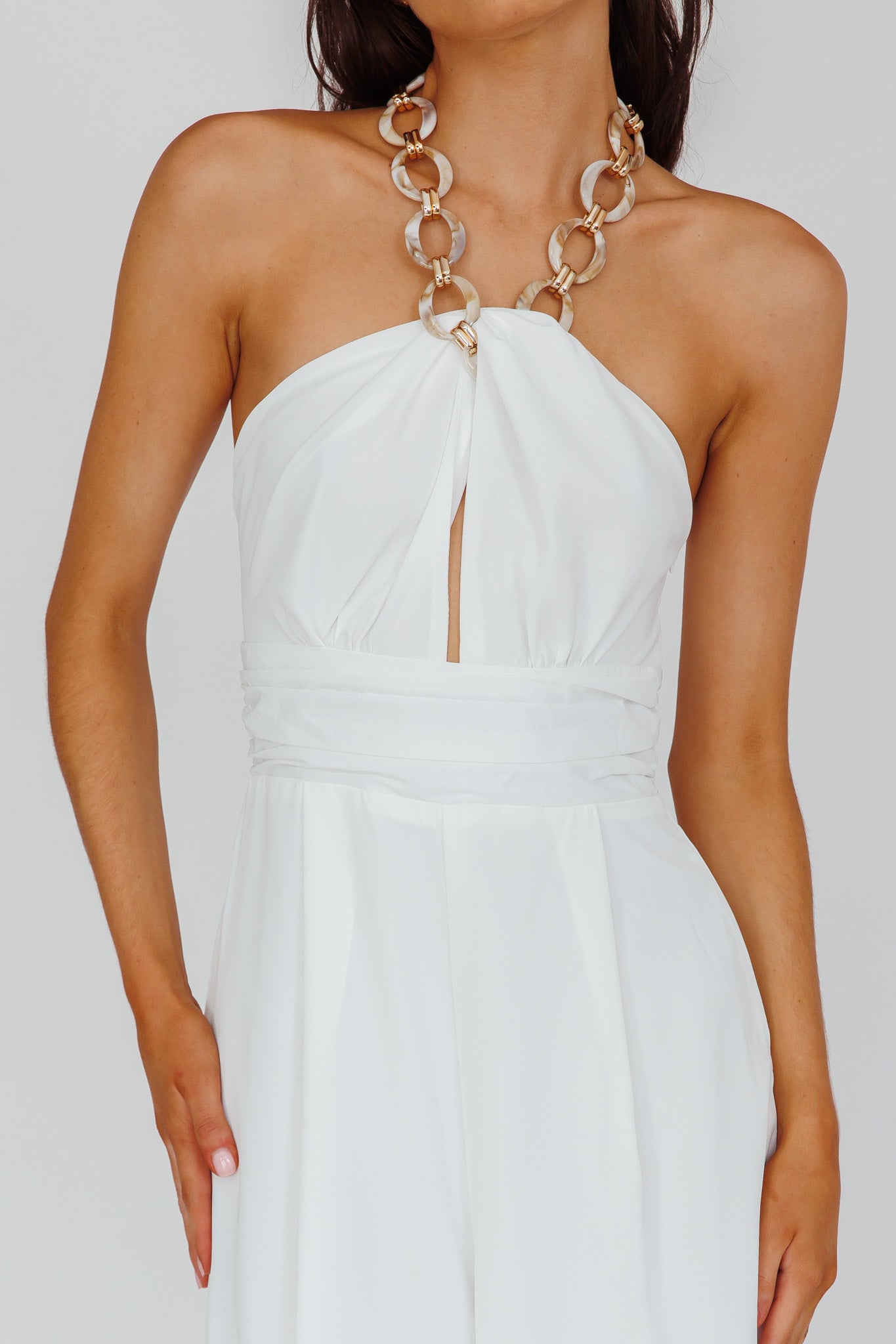 Golden Moon Chain Halter Jumpsuit White by Selfie Leslie