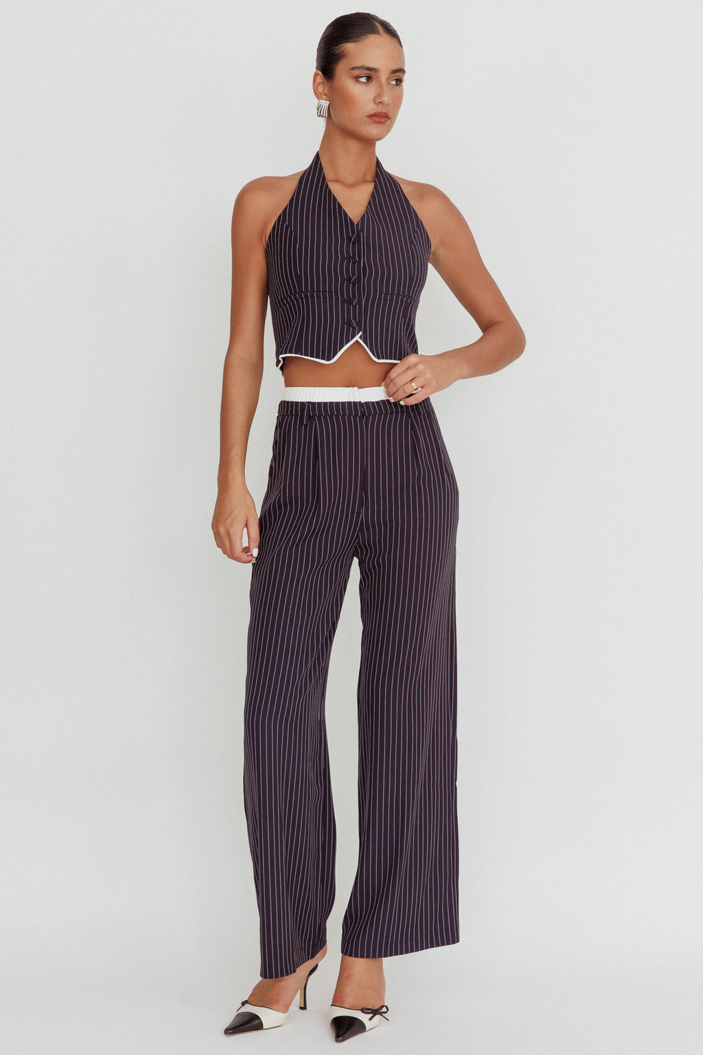 Lilija Pinstripe Double Waistband Wide-Leg Pants Navy by Selfie Leslie