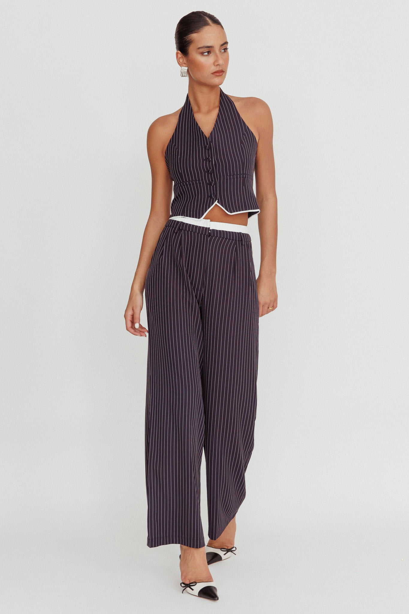 Lilija Pinstripe Double Waistband Wide-Leg Pants Navy by Selfie Leslie