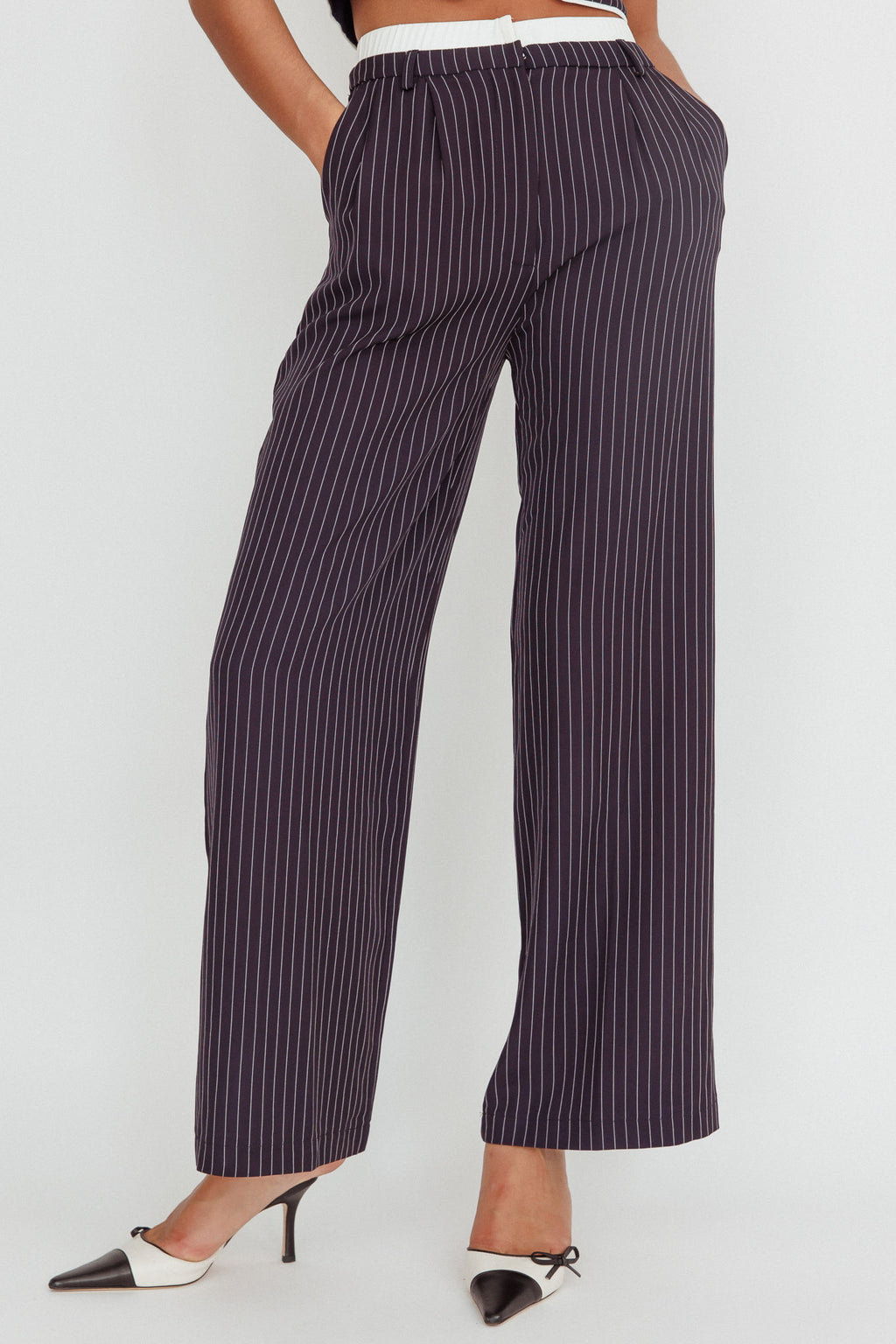 Lilija Pinstripe Double Waistband Wide-Leg Pants Navy by Selfie Leslie