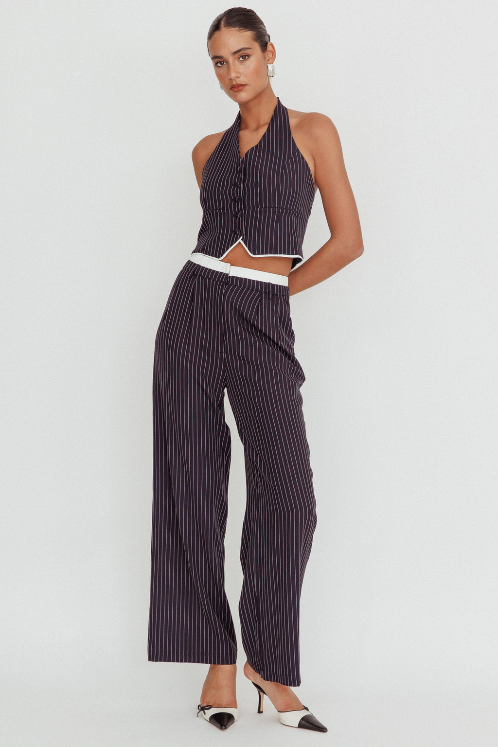 Lilija Pinstripe Double Waistband Wide-Leg Pants Navy by Selfie Leslie