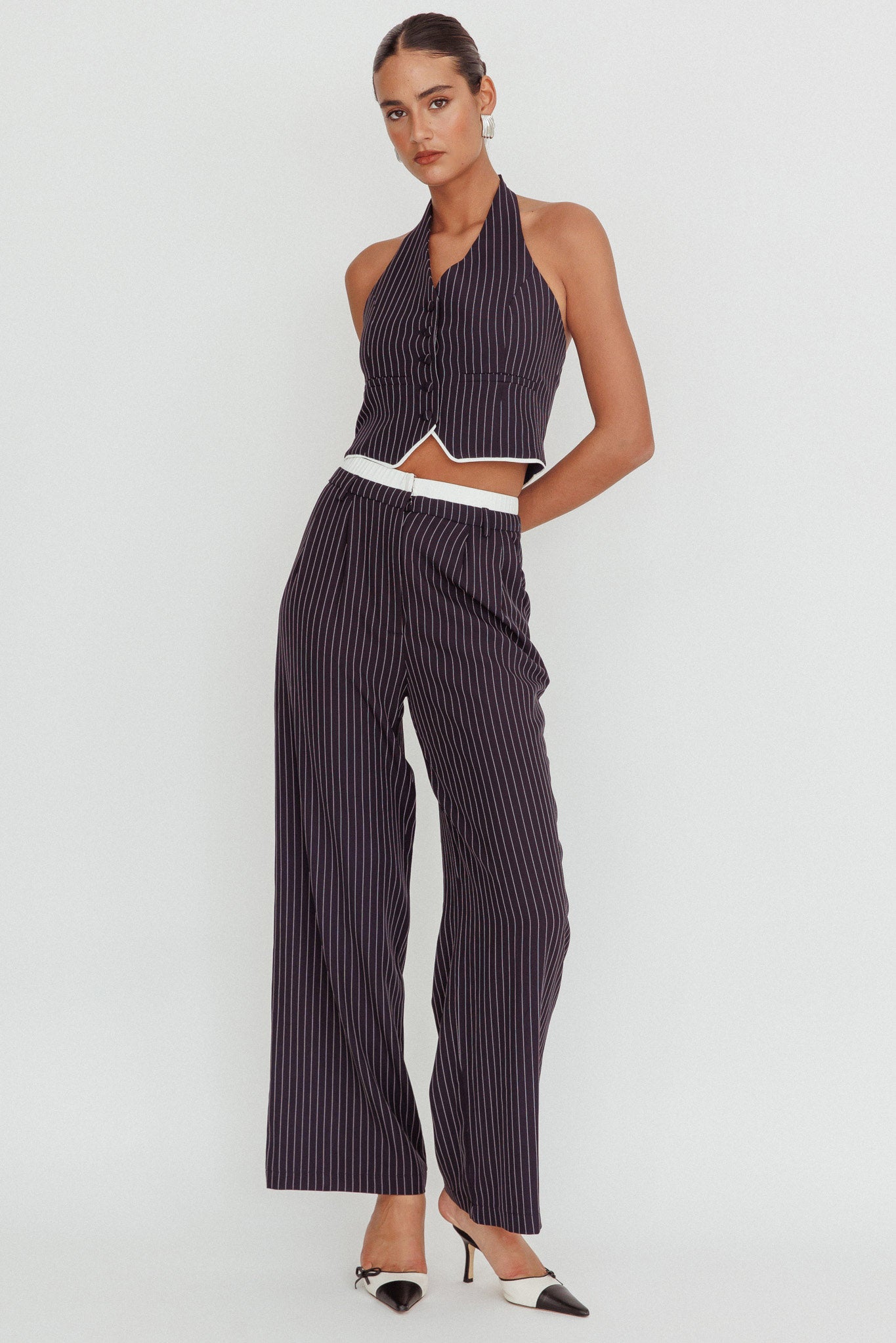 Lilija Pinstripe Double Waistband Wide-Leg Pants Navy by Selfie Leslie