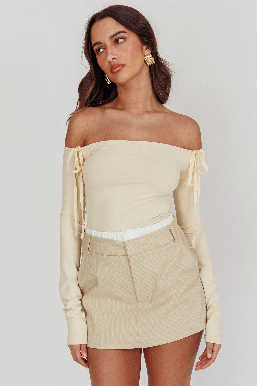 Rhian Pinstripe Double Waistband Skort Beige White by Selfie Leslie