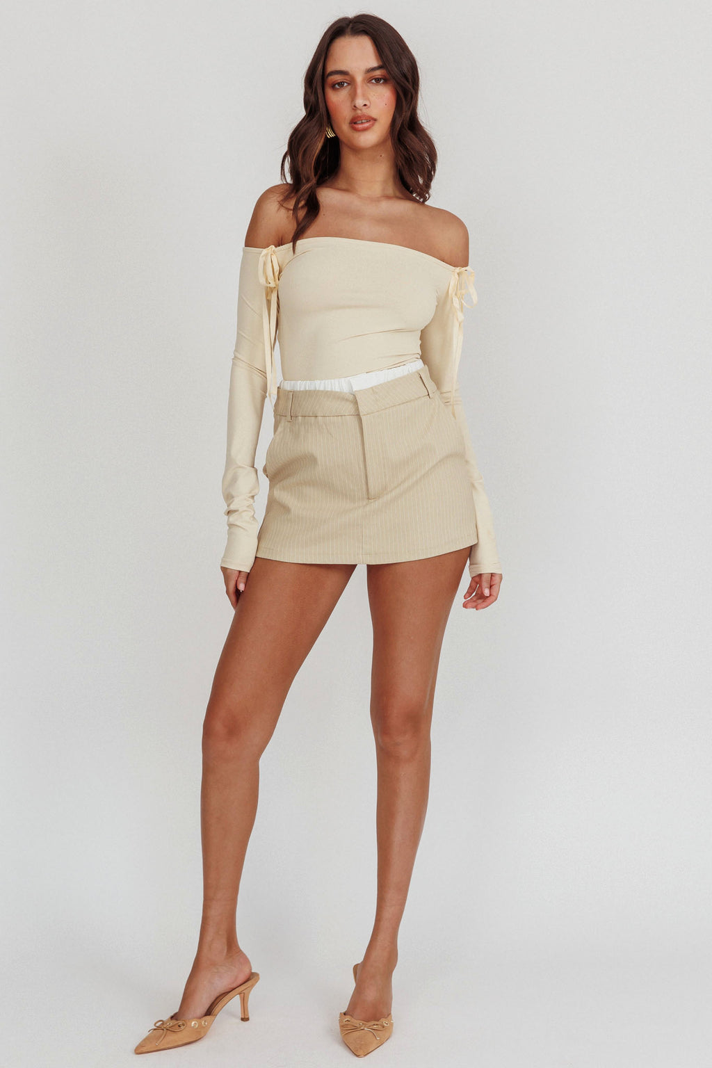 Rhian Pinstripe Double Waistband Skort Beige White by Selfie Leslie
