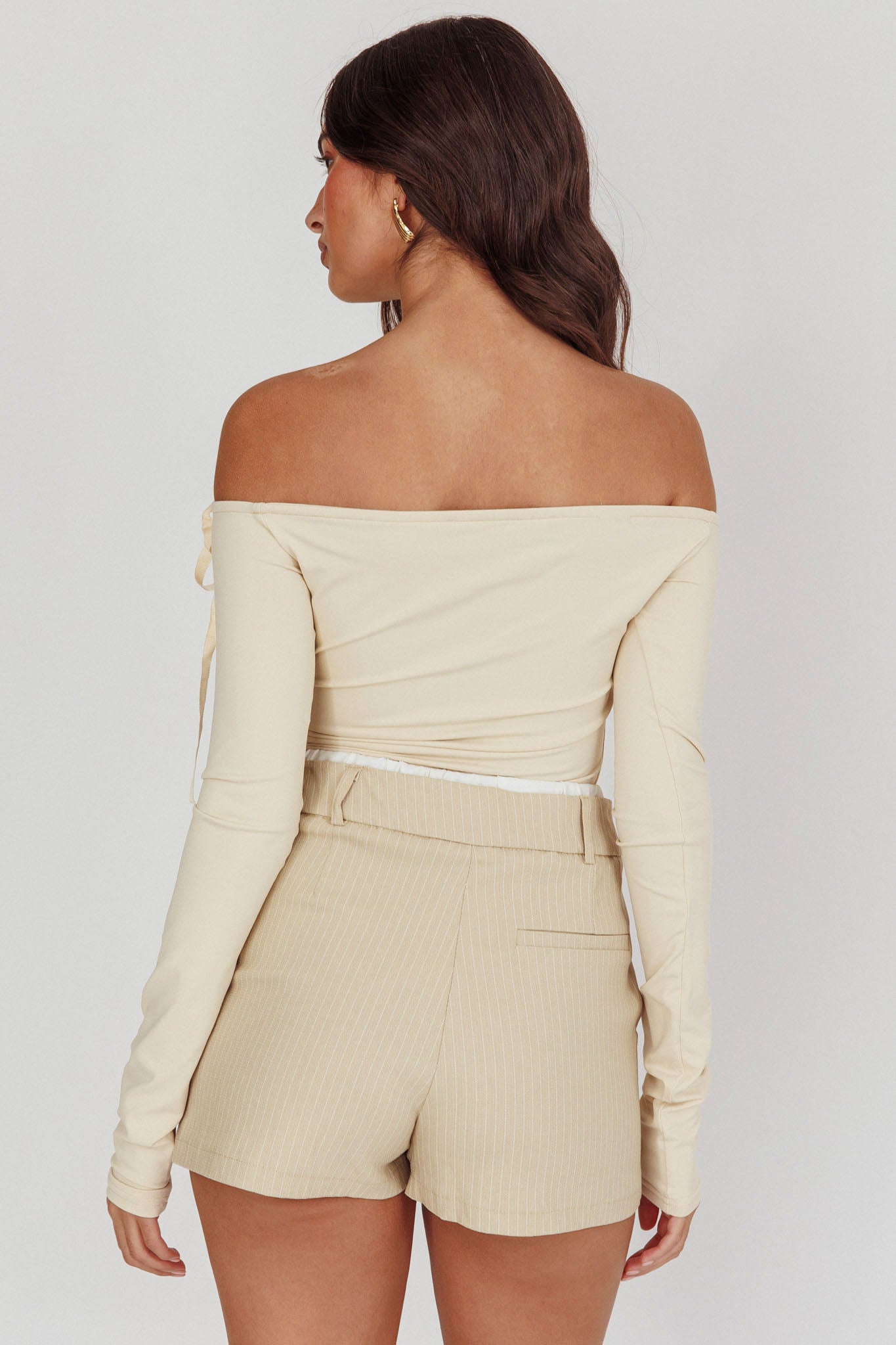Rhian Pinstripe Double Waistband Skort Beige White by Selfie Leslie