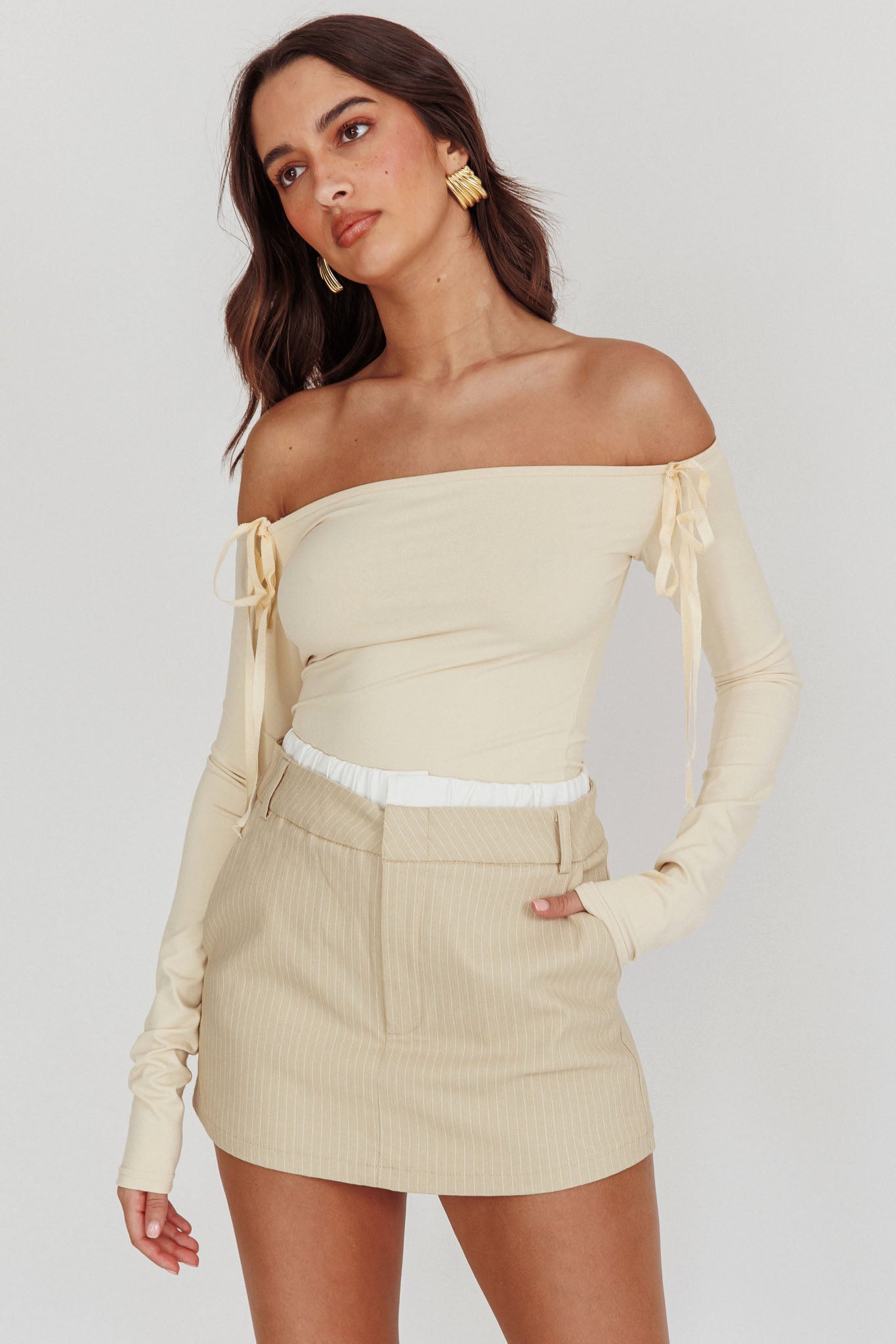 Rhian Pinstripe Double Waistband Skort Beige White by Selfie Leslie