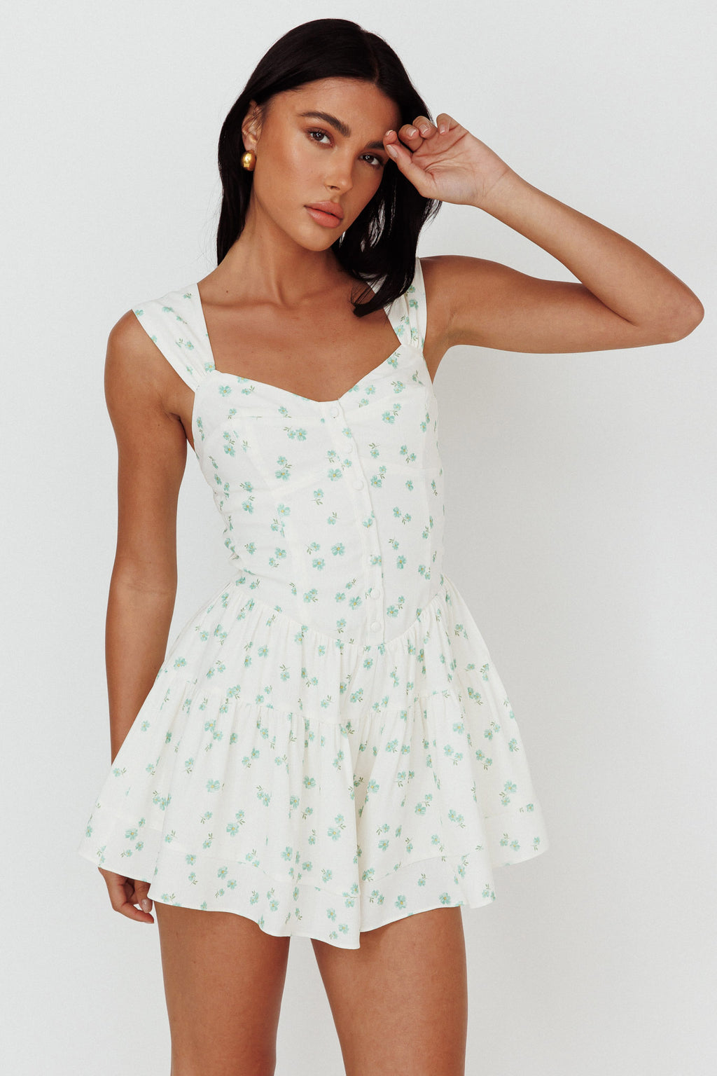 Hiding Place Button Romper Dainty Floral Sage by Selfie Leslie