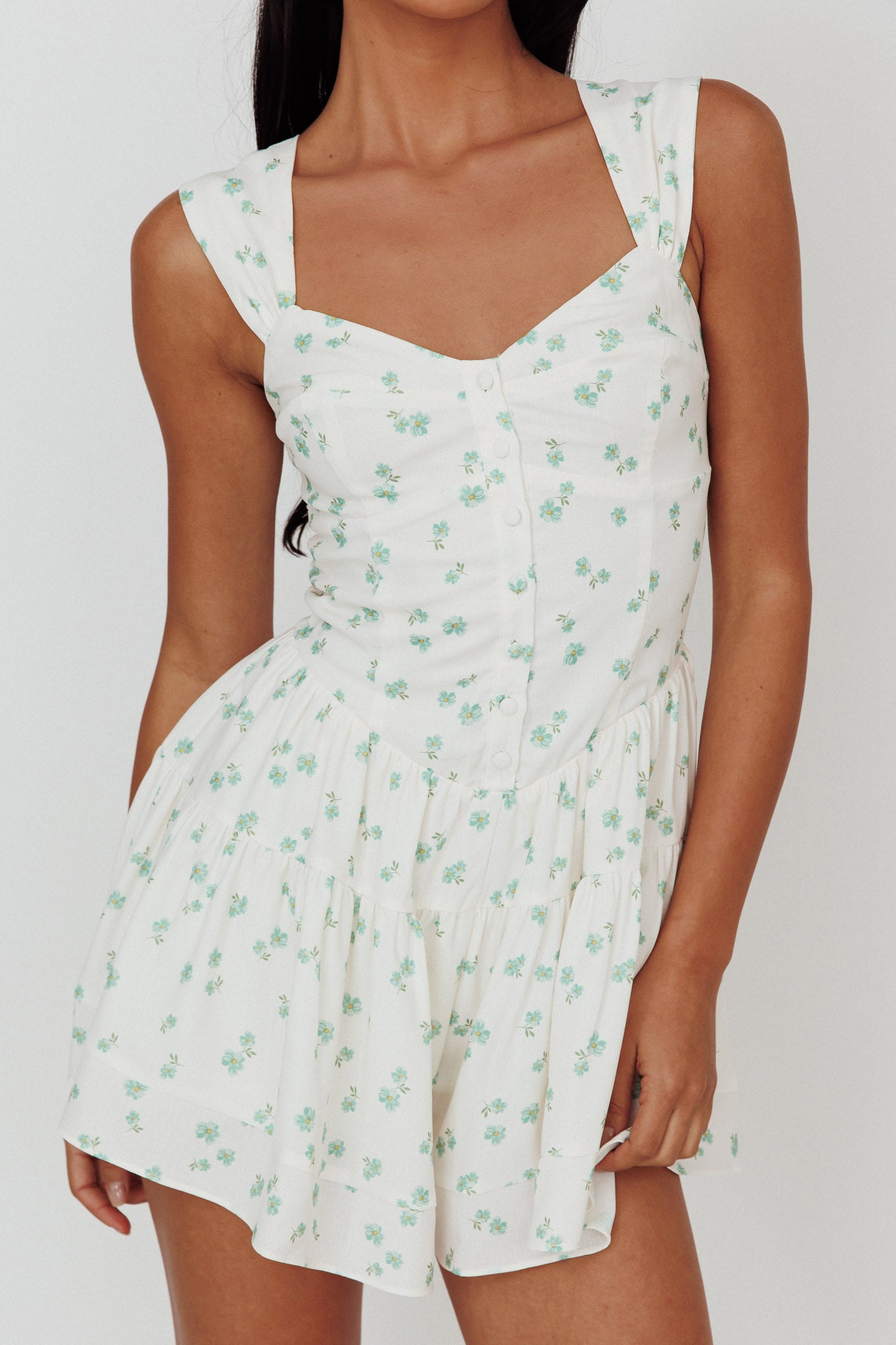 Hiding Place Button Romper Dainty Floral Sage by Selfie Leslie