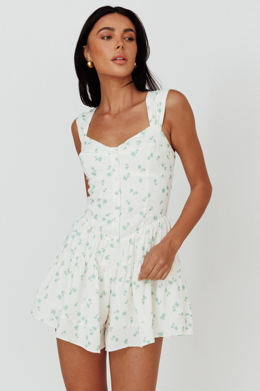 Hiding Place Button Romper Dainty Floral Sage by Selfie Leslie