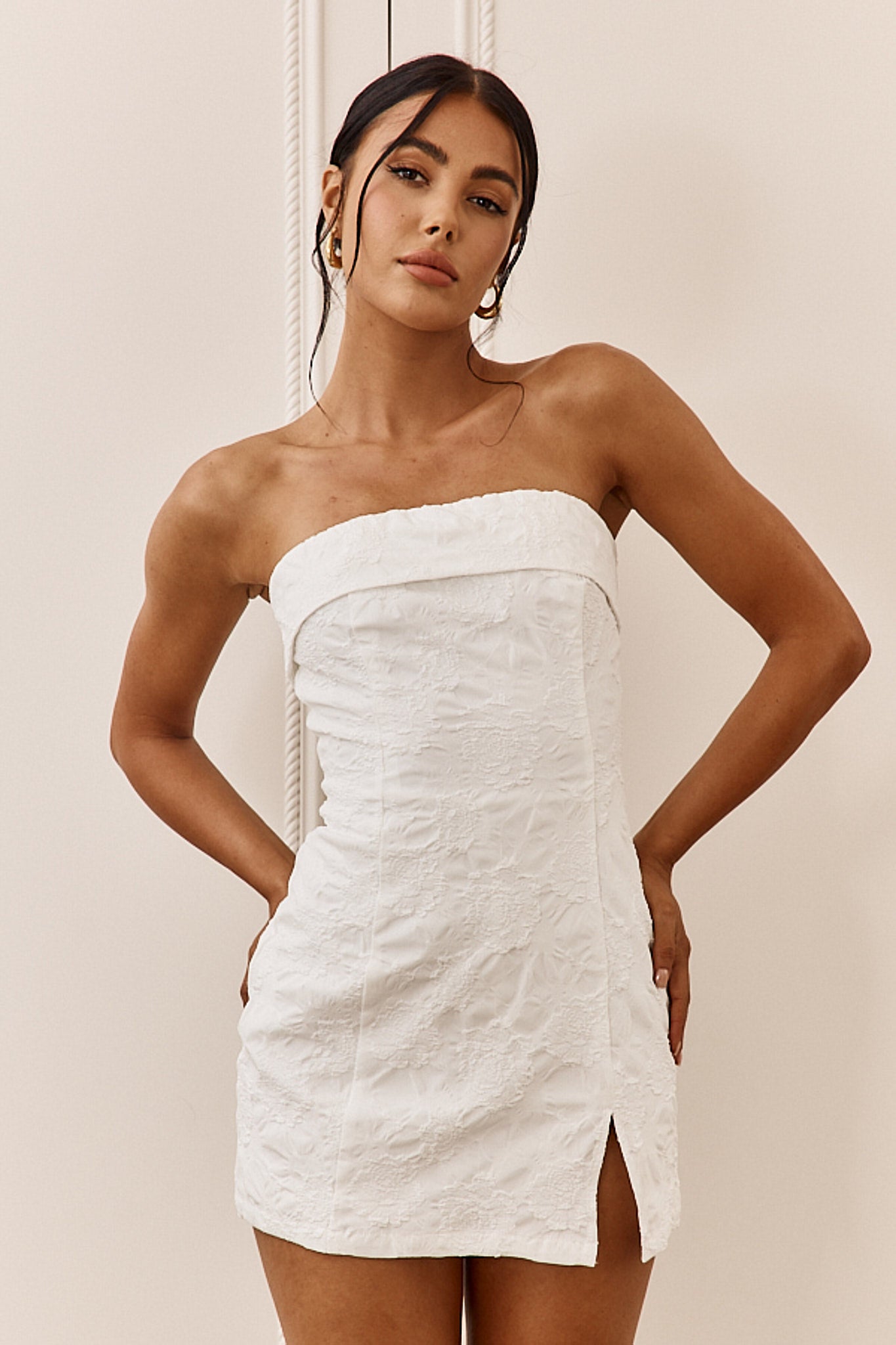 Kamila Strapless Embroidered Romper White by Selfie Leslie