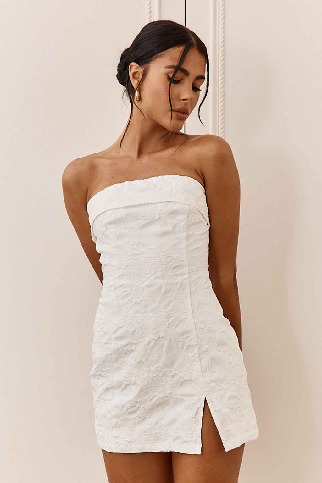 Kamila Strapless Embroidered Romper White by Selfie Leslie