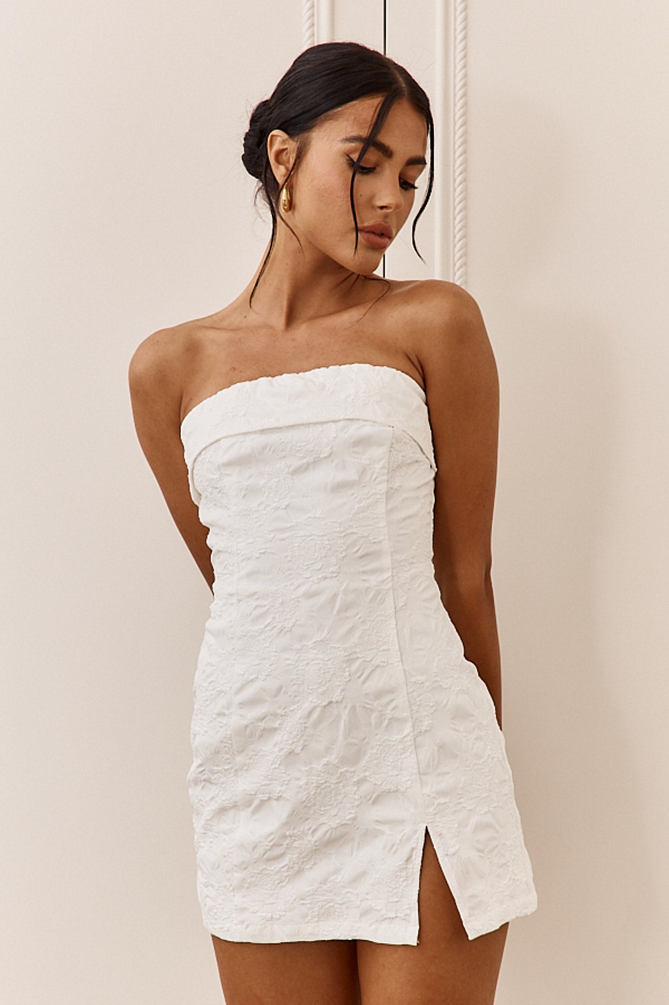 Kamila Strapless Embroidered Romper White by Selfie Leslie