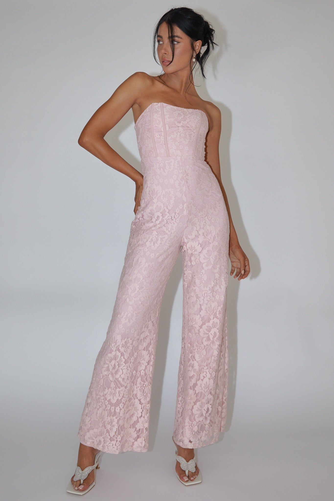 Shop the Ankita Strapless Lace Jumpsuit Pink Blush