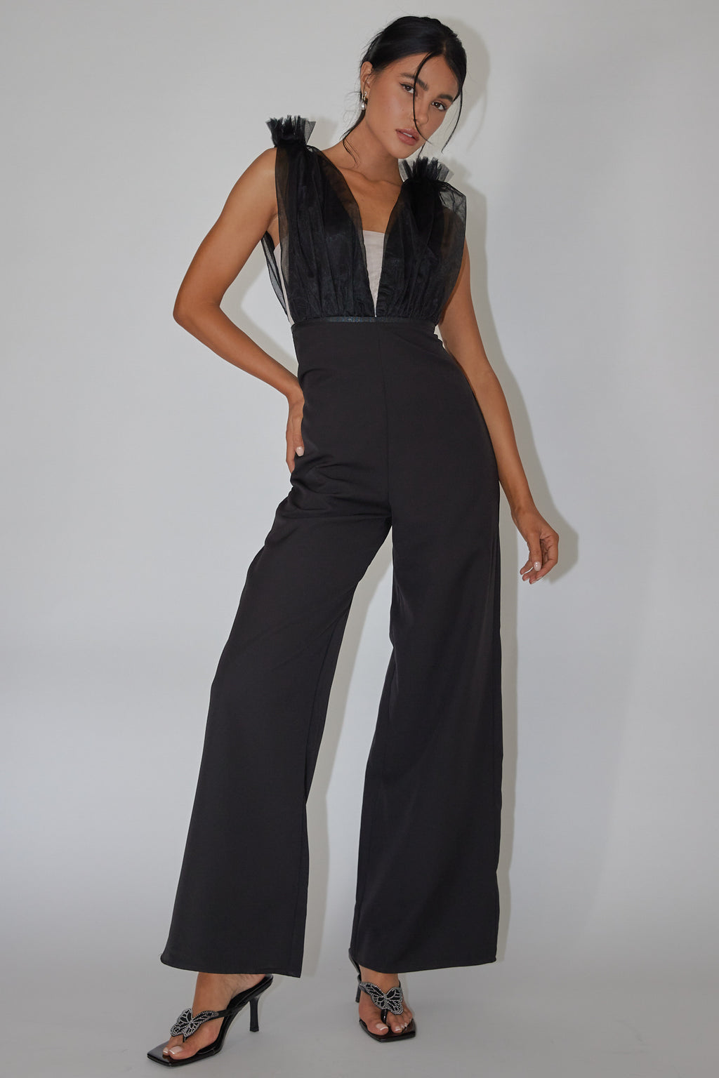 Lovinia Mesh Bodice Jumpsuit Black by Selfie Leslie