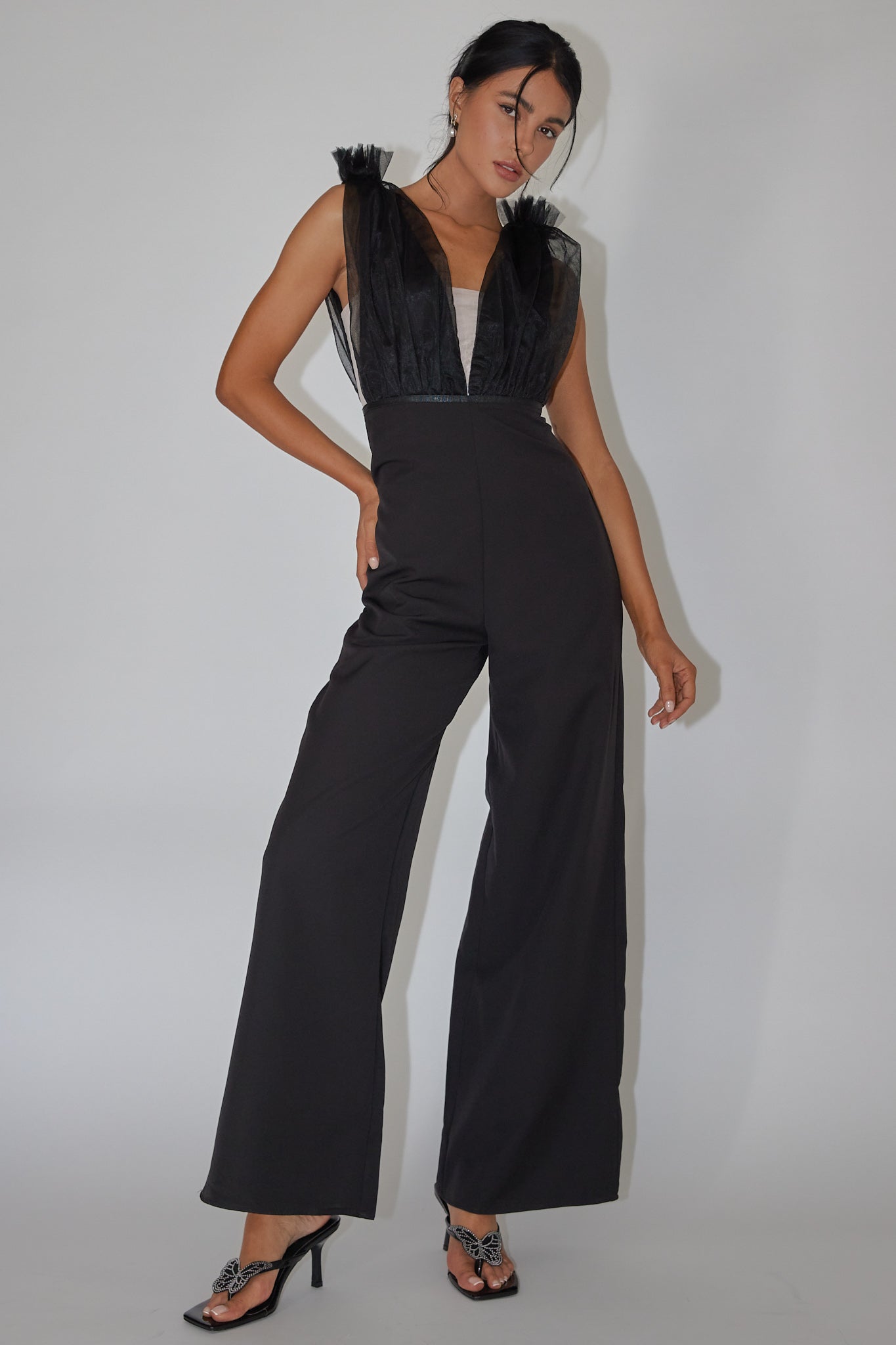 Lovinia Mesh Bodice Jumpsuit Black by Selfie Leslie