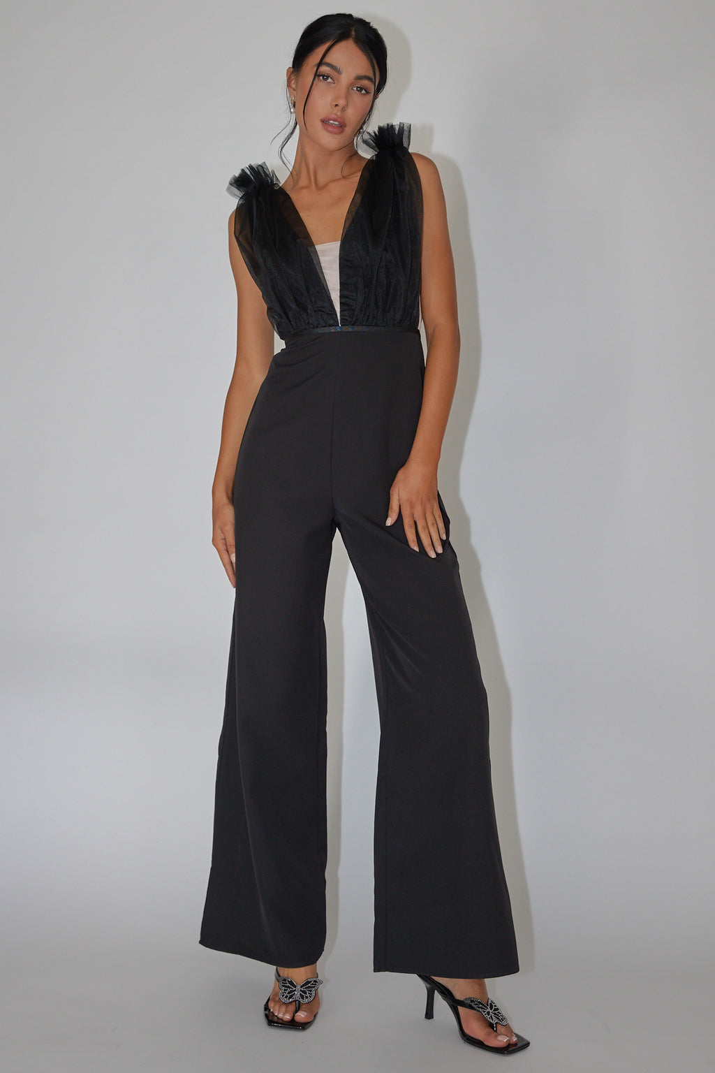 Lovinia Mesh Bodice Jumpsuit Black by Selfie Leslie
